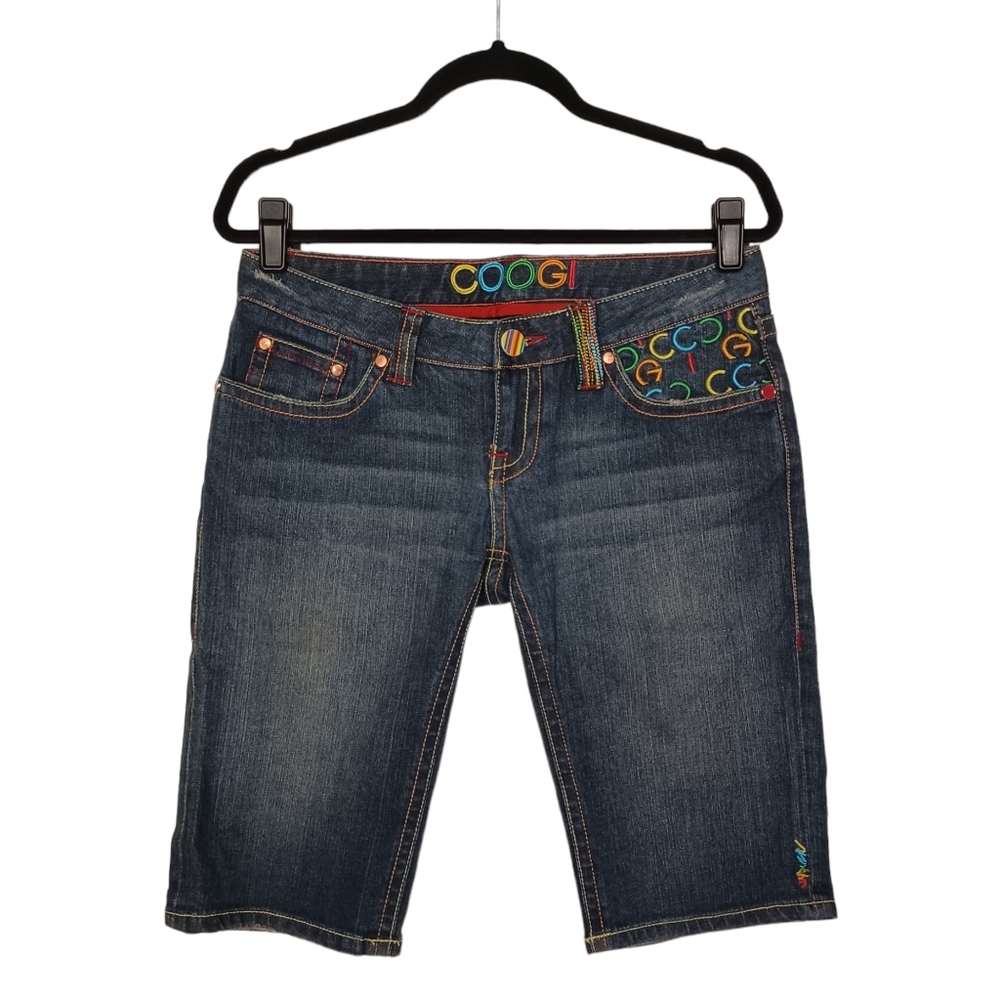 COOGI Colorful Rainbow Embroidered Spellout Dark Denim Bermuda Jean Shorts S 5/6